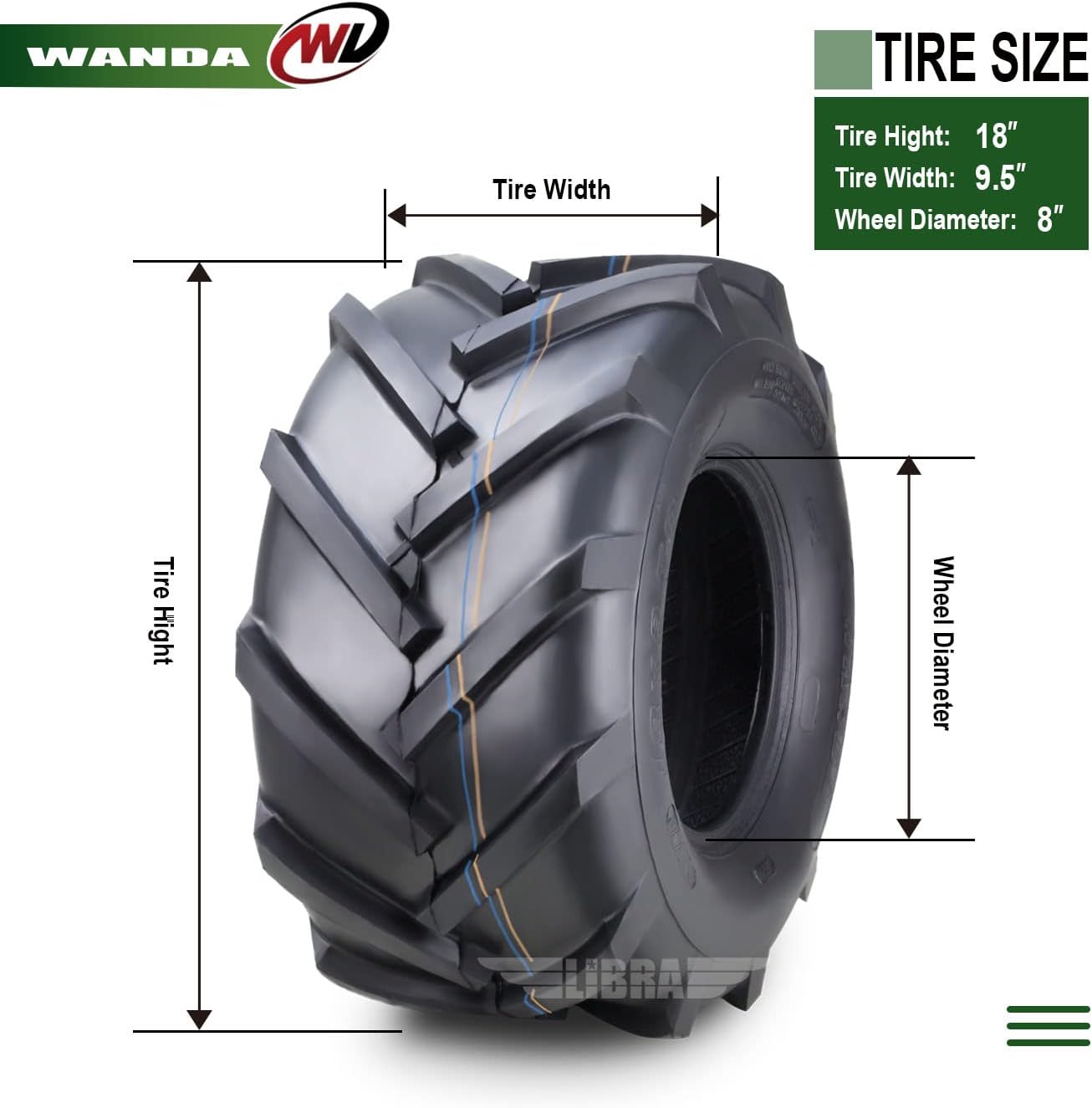 WANDA 18x9.5-8 Lawn Mower Agriculture Farm Tractor Cart Turf Tires 6 Ply 18x9.5x8 -Set 2-13070