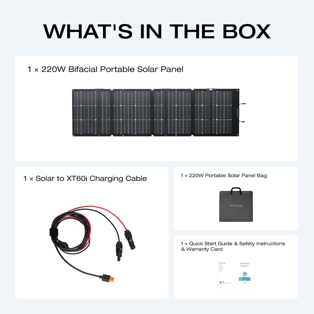 EF ECOFLOW 220W Portable Solar Panel, Bifacial Design Up to 25% Conversion Efficiency N-Type Solar Cell, with Adjustable Kickstand, IP68 Waterproof, Foldable Solar Panel for Camping RVing Home Backup