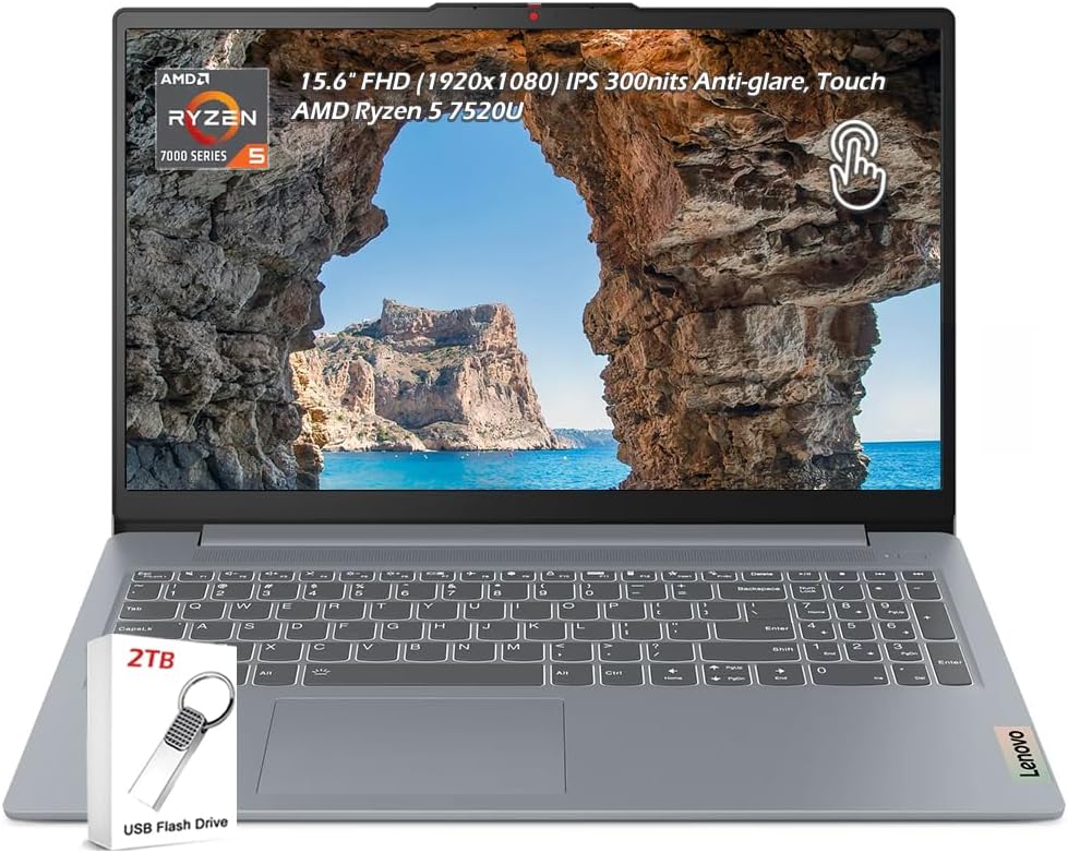 Lenovo IdeaPad Slim 3i 15.6' FHD Touch Laptop, AMD Ryzen 5 7520U, 8GB RAM 1TB SSD, 720p Camera w/Privacy Shutter, WiFi6 Bluetooth, Win11, Artic Grey, w/2TB Flash Drive, W/GaLiMu