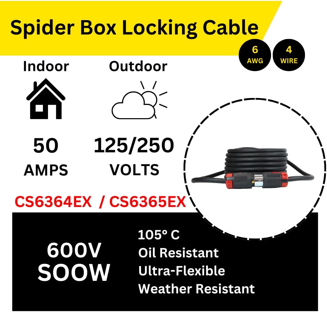Spider Box Twist-Lock Generator Power Extension Cord, 50 Amp, 125/250V, SOOW Cable Type, Gauge 6/4, Professional-Grade California Standard Locking Extensions, 50' Long, Black