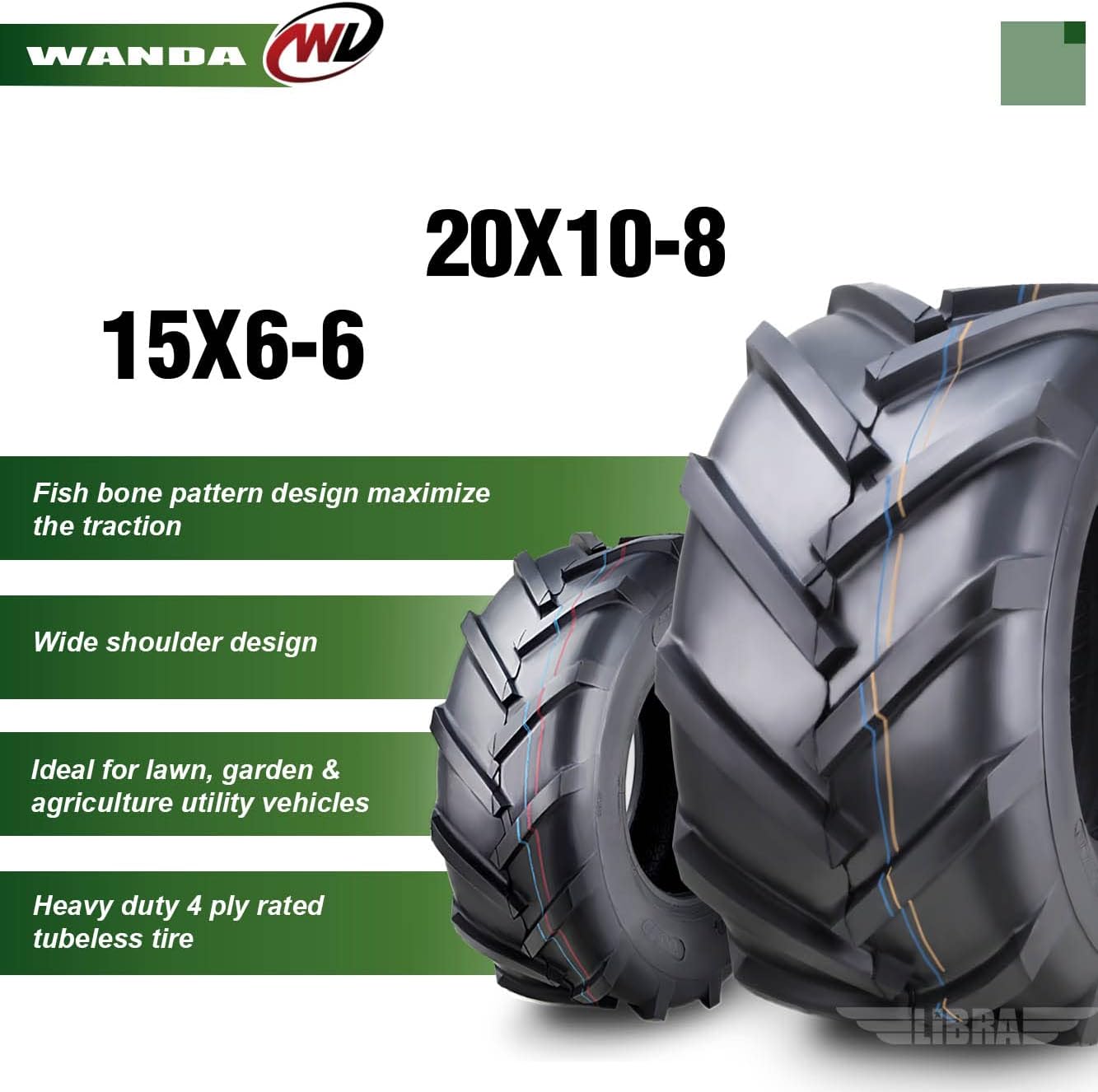WANDA Set 4 15X6-6 & 20X10-8 Lawn Mower Agriculture Farm Tractor Tires Super Lug 4 Ply-13078/13071