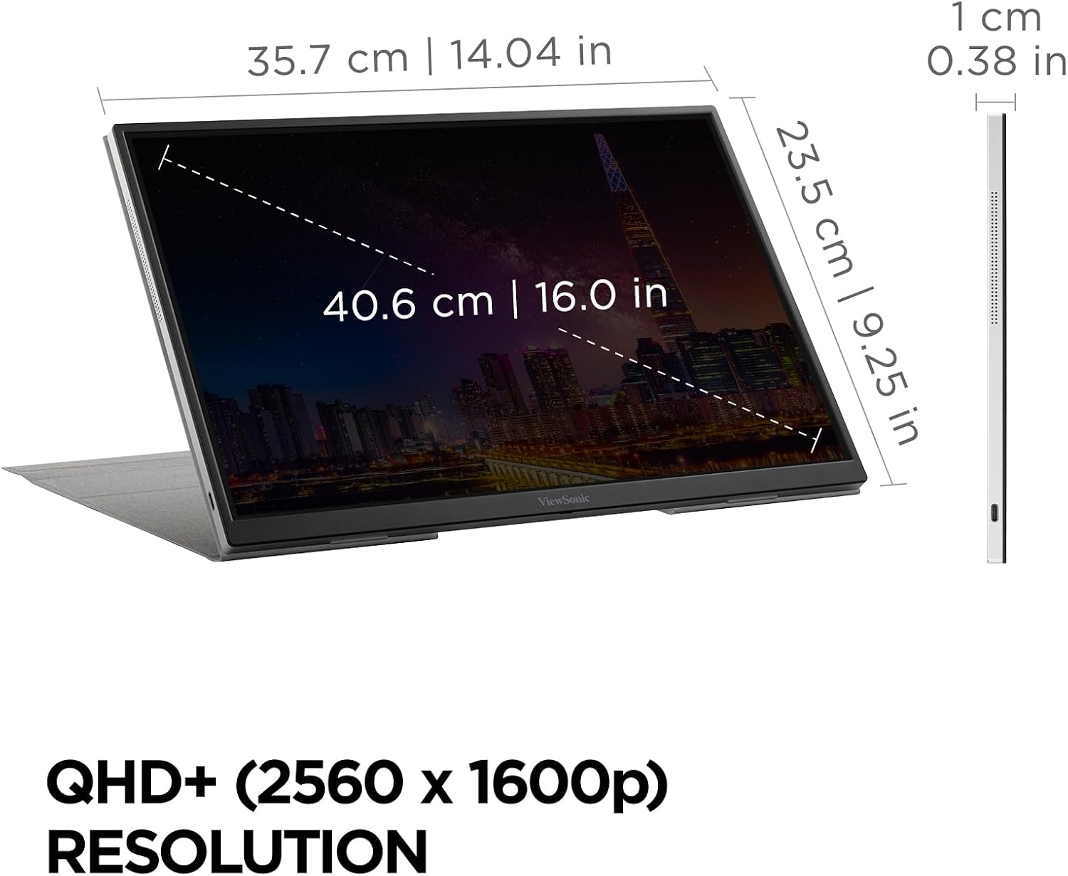 ViewSonic VG1656-2K 16 Inch 1600p Portable Monitor, WQXGA IPS for Improved Workflows and Second Screen Productivity, Built-in Stand, 65W USB-C, mini HDMI, and Smart Cover Inputs