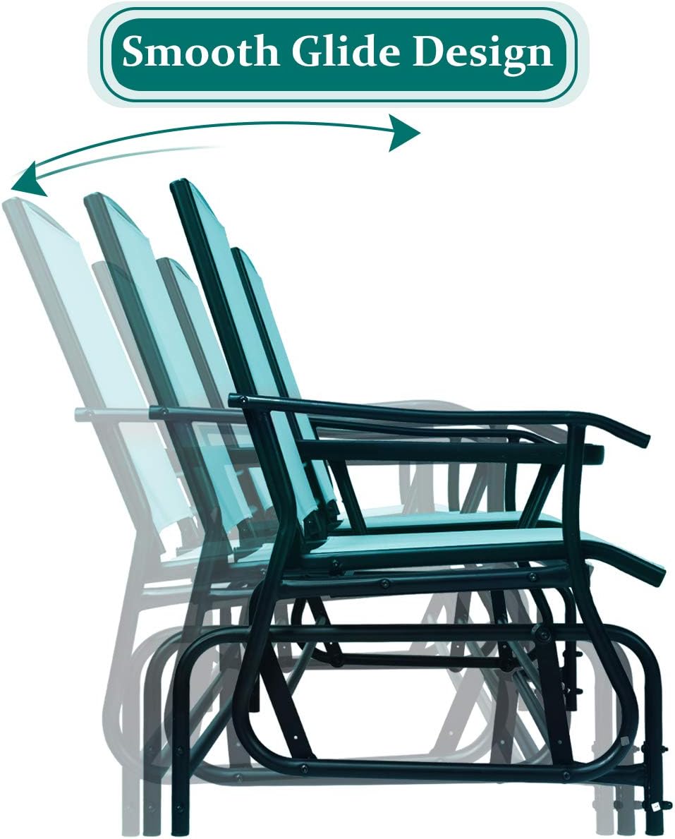 Giantex Patio Bench Glider Chair with Metal Frame, Center Tempered Glass Table, Outside Double Rocking Swing Loveseat for Porch, Garden, Poolside, Balcony, Lawn Rocker Outdoor Glider Bench(Turquoise)
