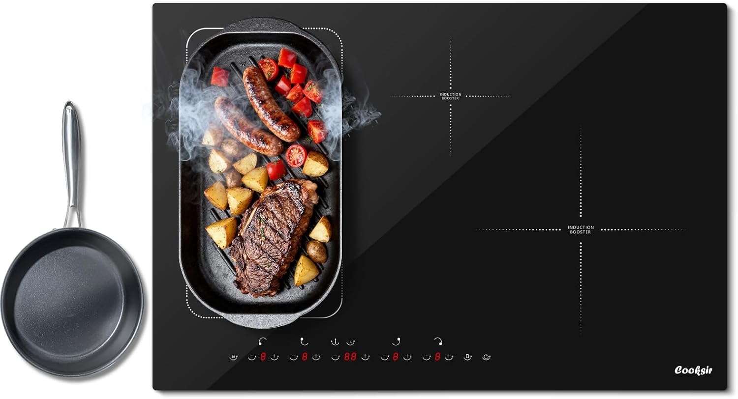 Induction Cooktop 30 Inch with Iron Pot, 4 Burner Built-in Stove 7200W, 30' Induction Stovetop Slide Touch with Flex Zone, Boost, Timer, Lock, Pause, 220V Hard Wired (No Plug)