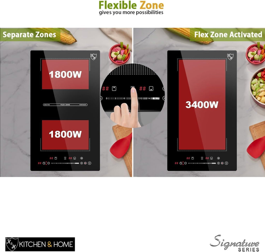 K&H SIGNATURE SERIES 2 Burner 12 Inch Built-in FLEX Electric Stove Top Ceramic Cooktop 220V 3400W IN12-3400FLX