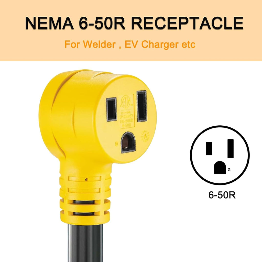 6 AWG NEMA 14-50P to 6-50R Welder Adapter Cord 25FT, Heavy Duty STW 6AWG * 3C 50 Amp 250 Volts 12500 Watt, Generator RV to Welder Tesla EV Charger Adapter Cord, ETL Listed