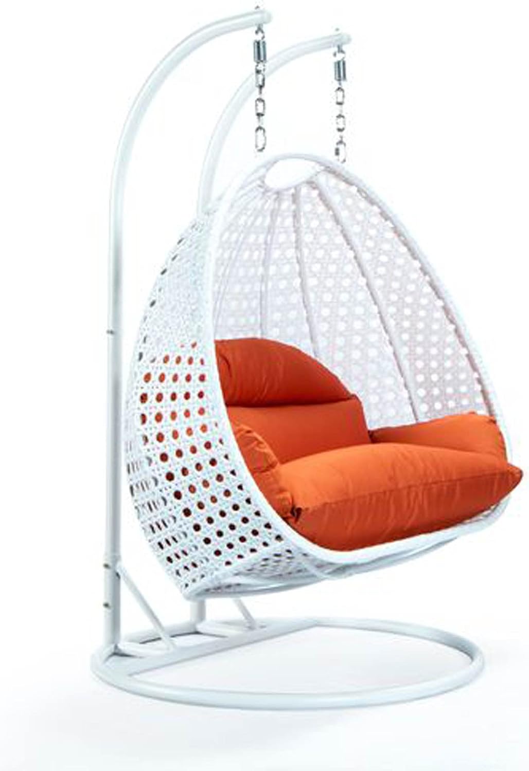 LeisureMod 2 Person Wicker Egg Chair Outdoor Indoor Bedroom Patio Hanging Lounge Swing Hammock Chairs with White Stand and UV Resistant Cushions (Orange)