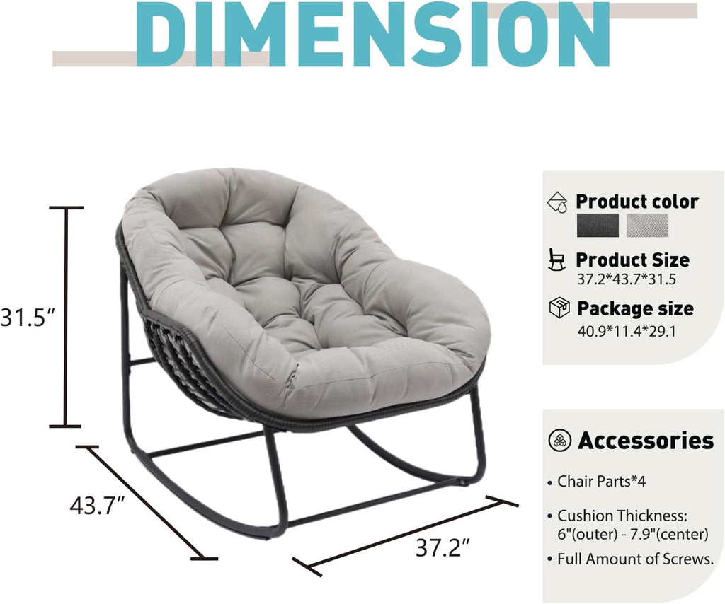 Indoor & Outdoor Rocking Chair, Oversized Rattan Royal Rocking Chair with Padded Cushion, Rocker Egg Chair for Living Room, Patio, Front Porch, Backyard, Grey