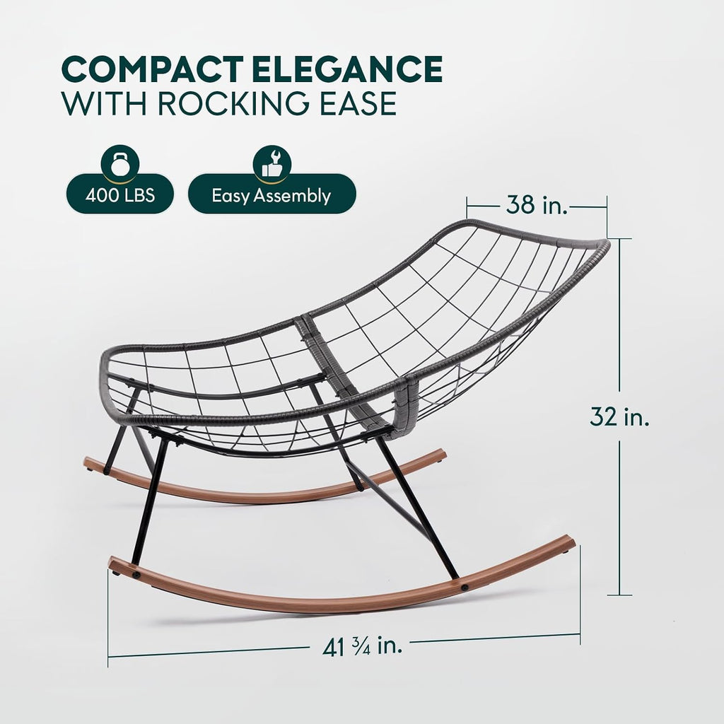 Bme Patio Rocking Chair Outdoor & Indoor, Metal Patio Lounge Rocking Chair with Thick Cushion, Comfy Modern Rocker Chair for Living Room, Porch, Backyard, Grey Cushion - Wood Texture Rocker