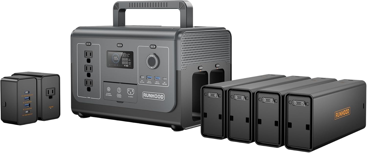 RUNHOOD Portable Power Station Rallye 1200 Max, 1296Wh Swappable&Replaceable Batteries, 3X1200W(Peak 2400W) Pure Sine Wave AC Solar Generator Qiuck Restore Power for Outdoors Camping/RVs/CPAP/HomeUse