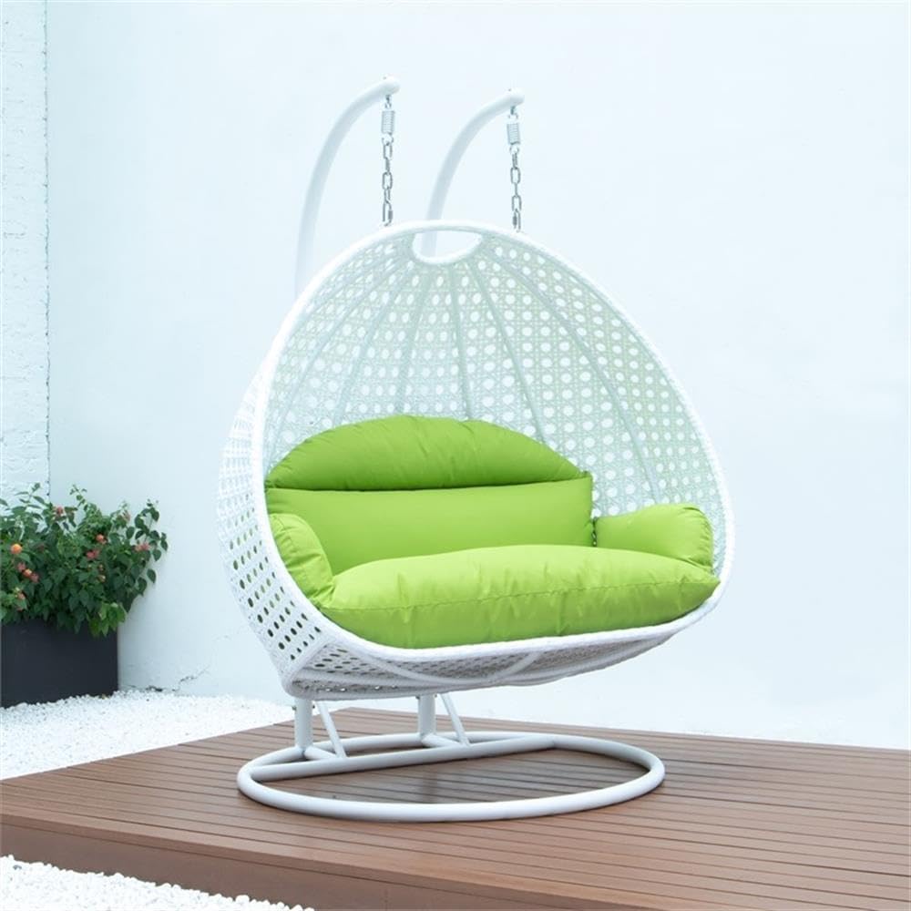 LeisureMod 2 Person Hanging Egg Chair, Indoor Outdoor Patio Lounge Swing with White Stand & UV-Resistant Cushions, Hammock Chair for Bedroom & Garden, Light Green