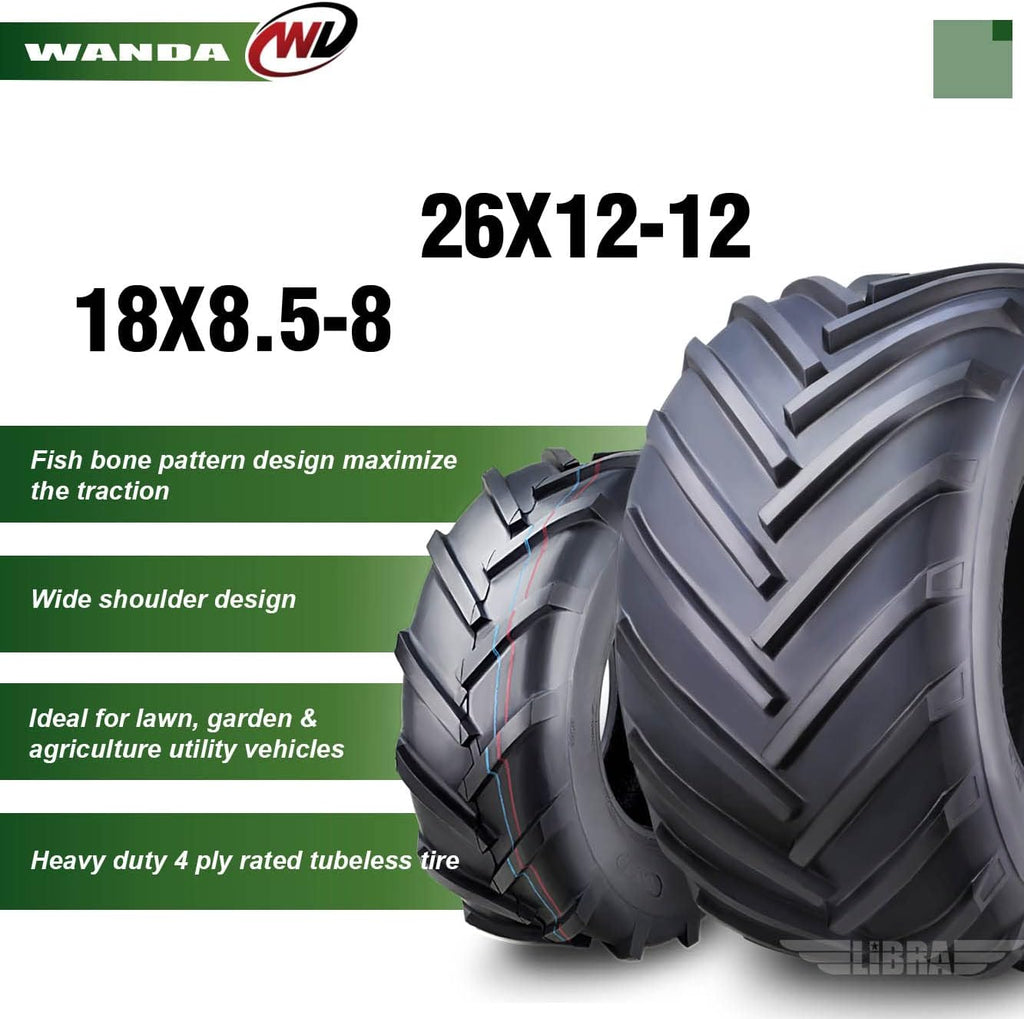 WANDA Set 4 18X8.5-8 & 26X12-12 Lawn Mower Agriculture Farm Tractor Tires Super Lug 4 Ply-13079/13215