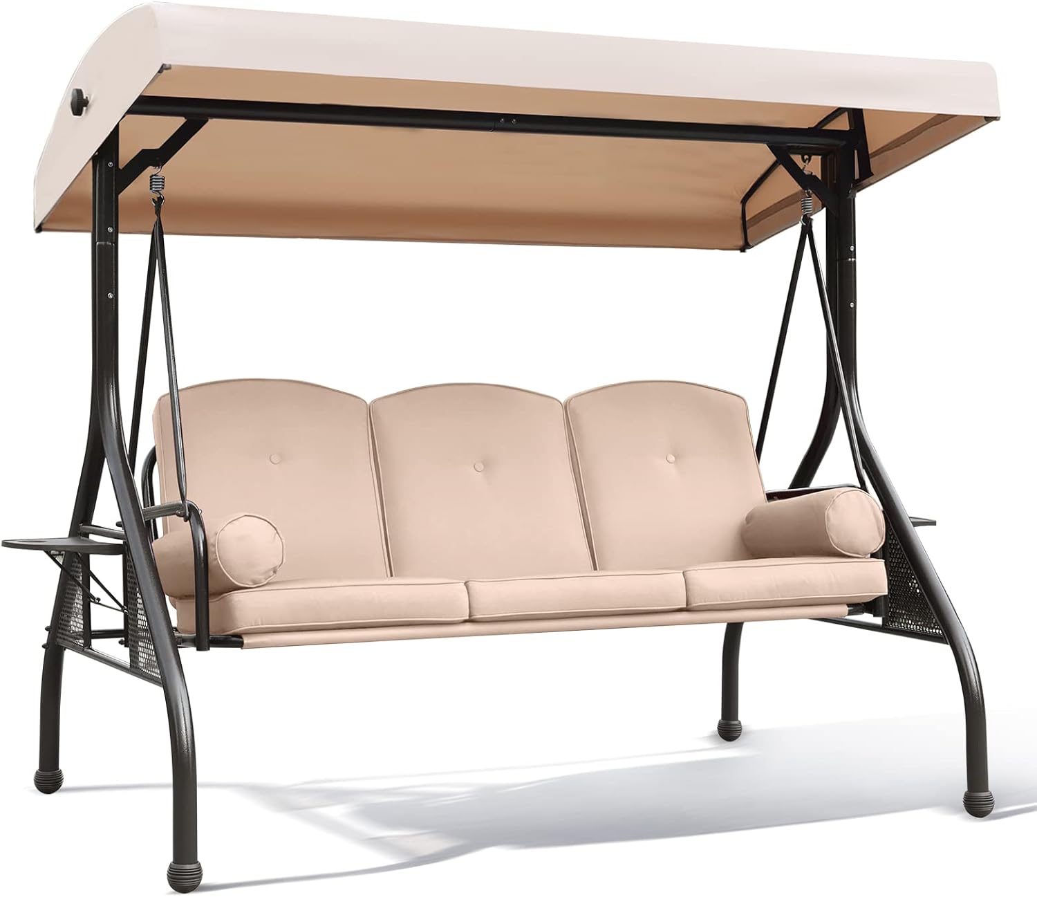 NOBLEMOOD Patio Porch Swing, 3-Seat Outdoor Swing with Adjustable Canopy, Waterproof Fabric Cushion, Pillow and Foldable Side Tray for Patio, Backyard, Porch Swing Bed for Spring