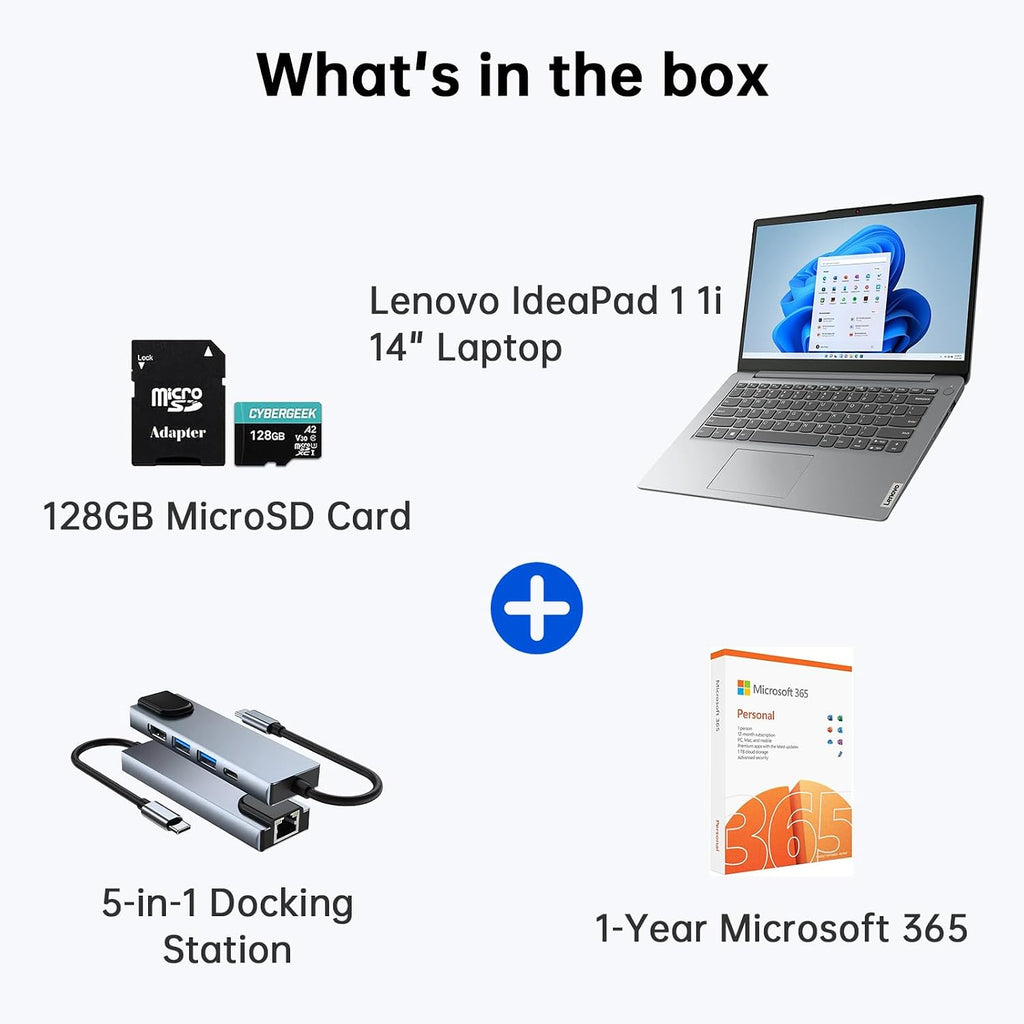 Lenovo IdeaPad 1 1i 14 inch Student Laptop with 1-Year Microsoft 365, Intel Dual Core Processor, 8GB RAM, 512GB SSD + 128GB eMMC, SD Card Reader, Privacy Camera, Long Battery Life, Windows 11 Home