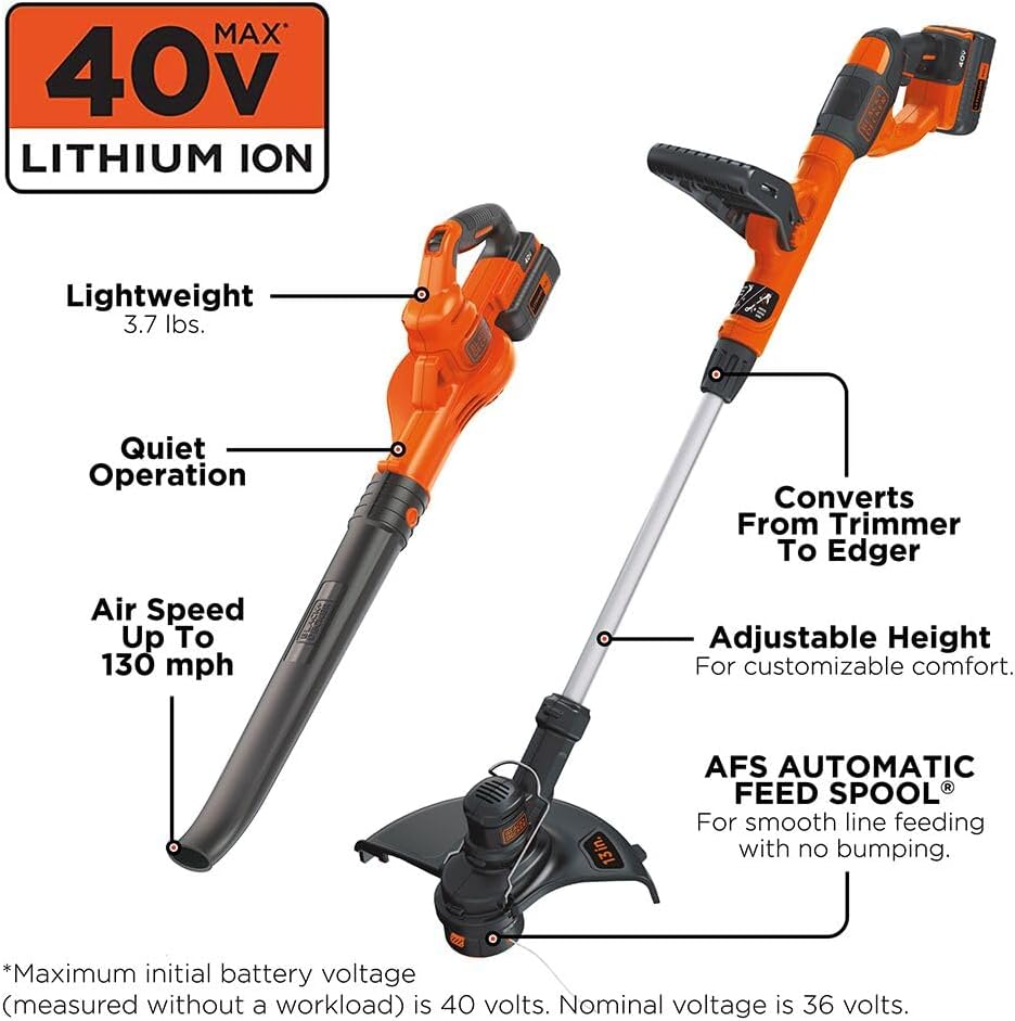 BLACK+DECKER 40V Max Cordless Sweeper & String Trimmer, Battery & Charger Included (LCC340C)