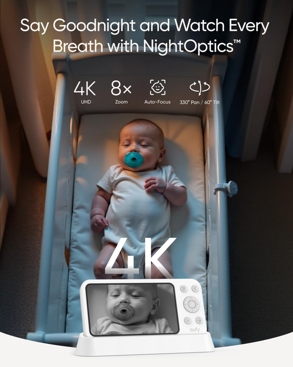 eufy Security E21 Baby Monitor with 4K UHD Camera, 5'' 720p Screen, Pan-Tilt and 8× Zoom, Dual Wi-Fi/Local Connection, 24/7 App Recording, Portable Built-in Battery-Powered Camera, ANR