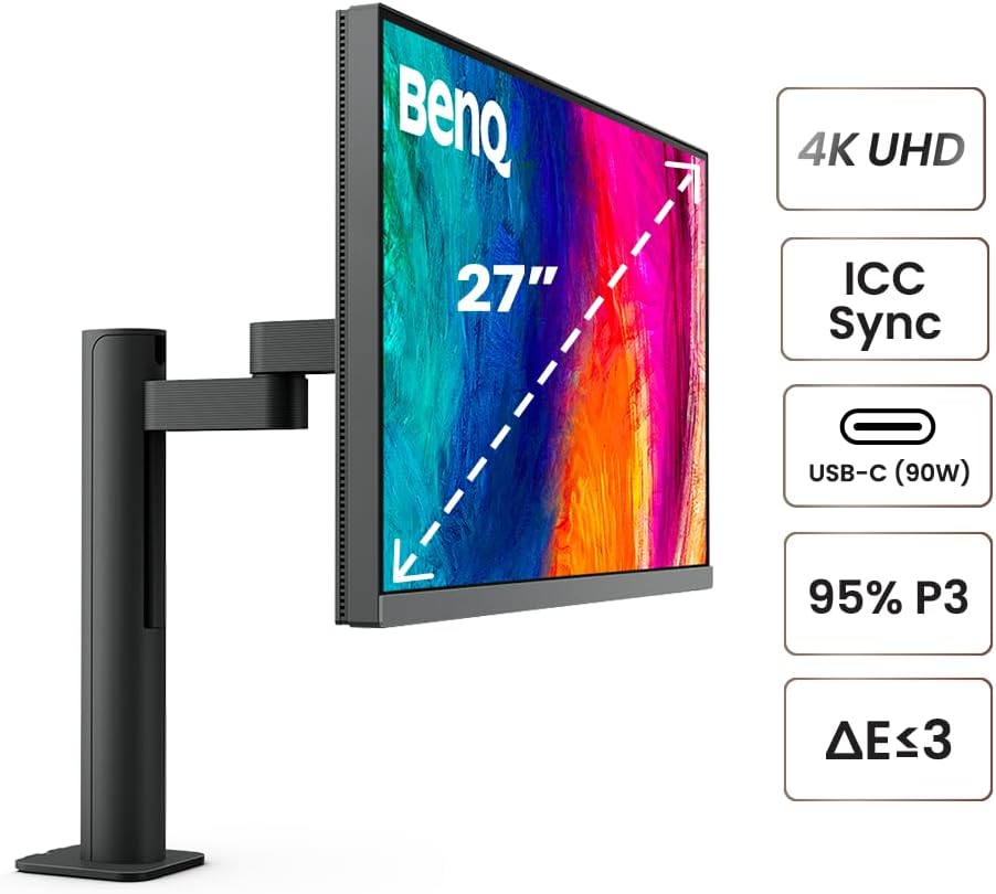 BenQ PD2706UA Ergo Arm Mac-Ready 27' 4K UHD, 95% P3, 99% Rec.709 & sRGB, IPS, Built-in Ergo Arm, ICCSync, Uniformity, Delta E≤3, Factory-Calibrated, AQCOLOR, Pantone, USB-Hub, USB-C (90W)
