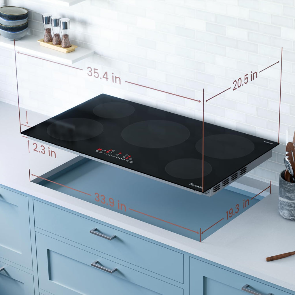 Rangaire RCI361S 36' Induction Cooktop, 10900W, 5 Burners, Built-in Stove Top, Booster & Timer, 9 Power Levels, Slide Touch Control, Child Safety Lock, 240V Hard Wire, Ceramic Surface