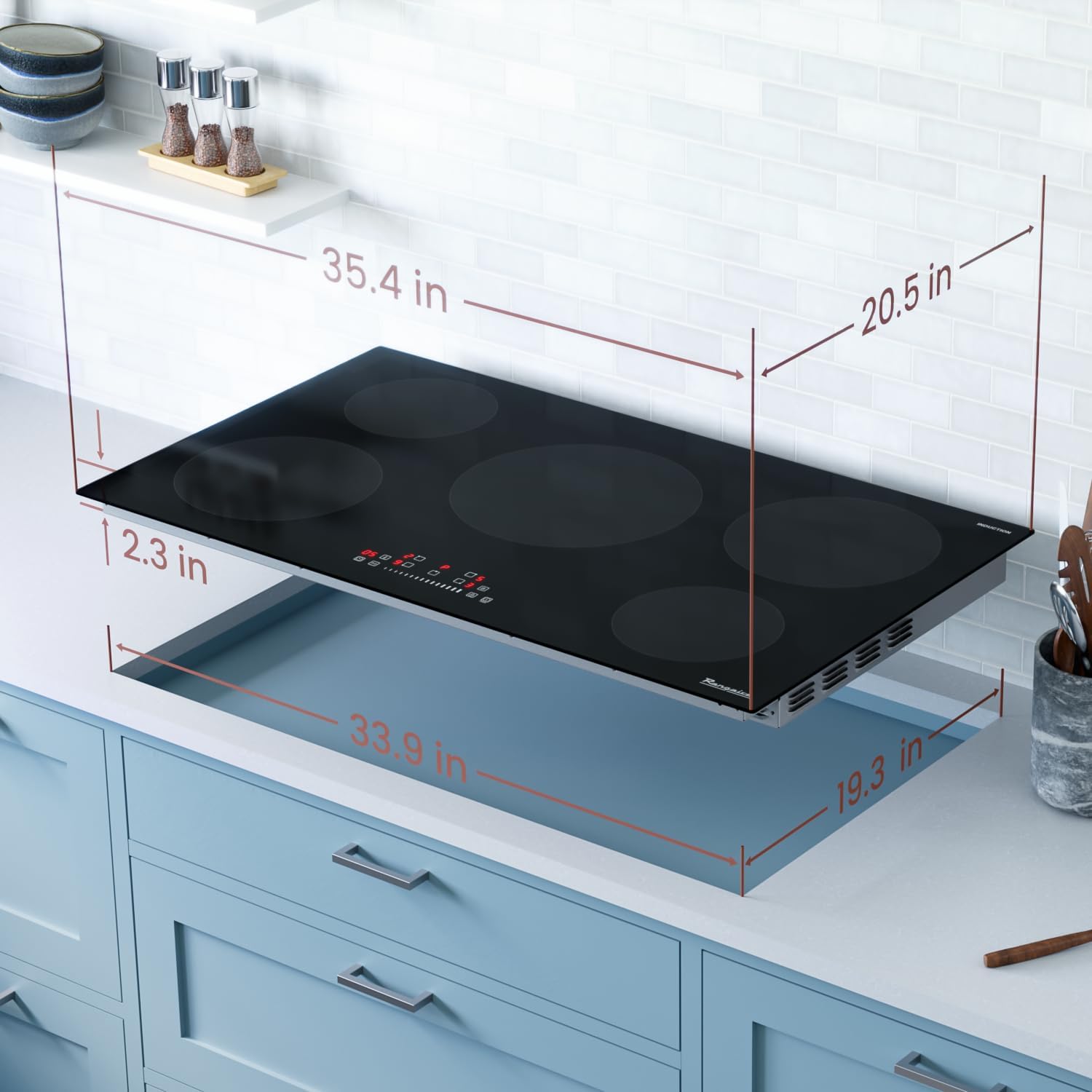 Rangaire RCI361S 36' Induction Cooktop, 10900W, 5 Burners, Built-in Stove Top, Booster & Timer, 9 Power Levels, Slide Touch Control, Child Safety Lock, 240V Hard Wire, Ceramic Surface