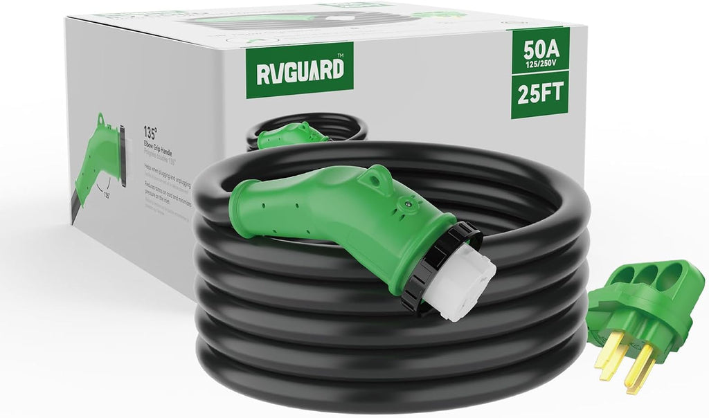 RVGUARD 50 Amp 25 Foot RV Power Cord with 135 Degree, 14-50P to SS2-50R Generator Extension Cord, Heavy Duty STW Cord with LED Power Indicator, Green, ETL Listed