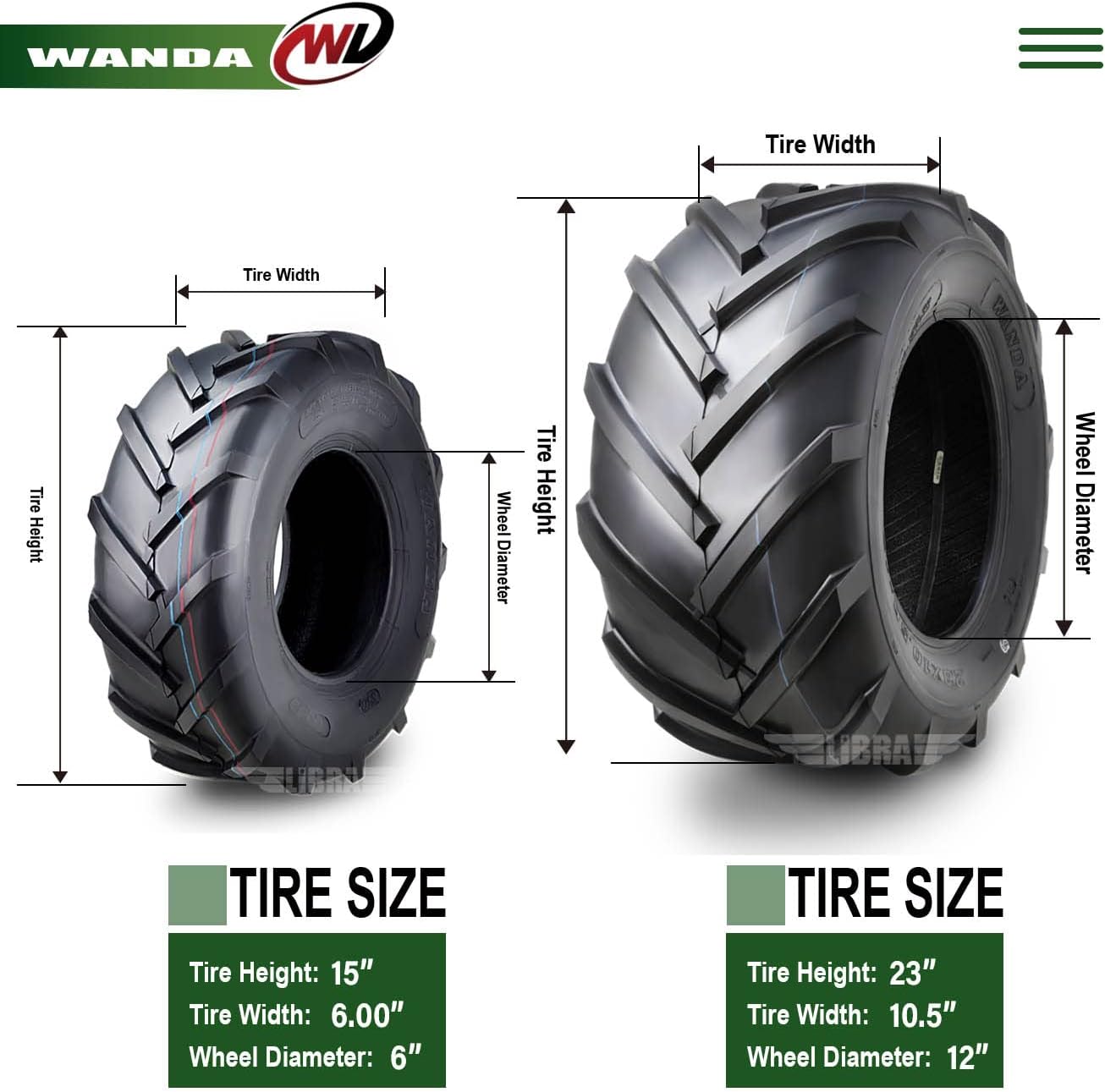WANDA Set 4 15X6-6 & 23X10.5-12 Lawn Mower Agriculture Farm Tractor Tires Super Lug 4 Ply-13078/13075