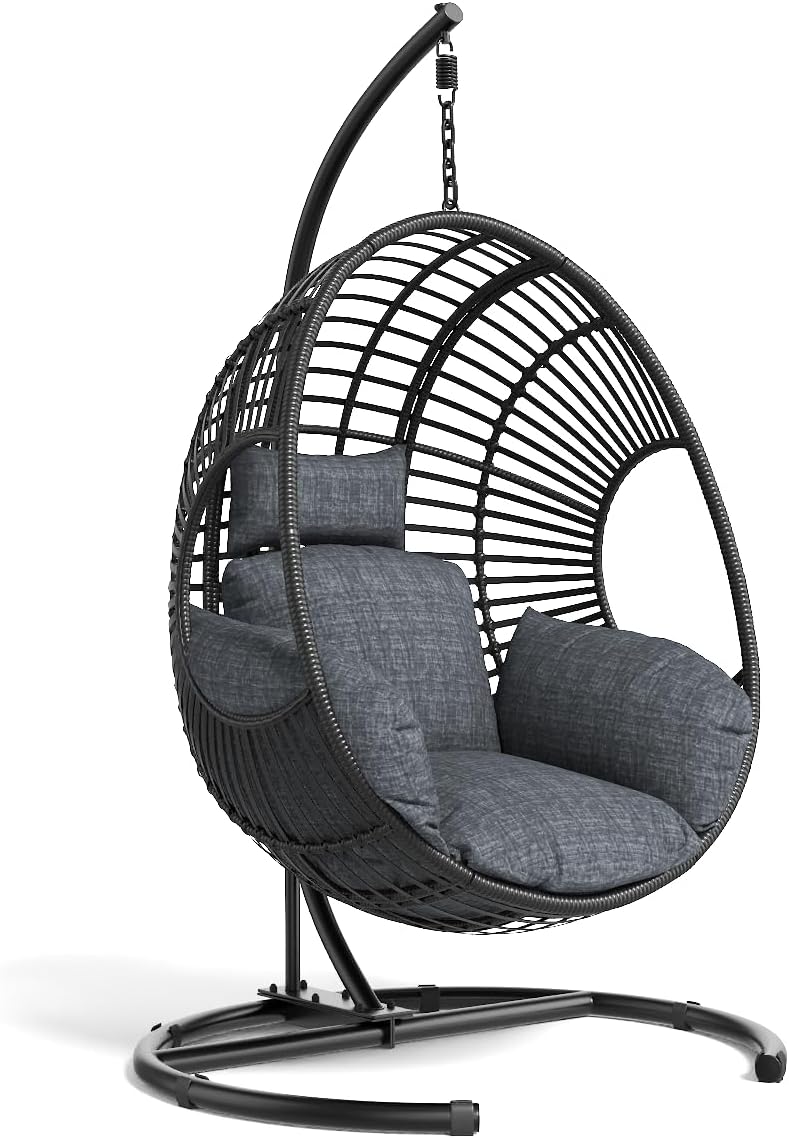KEIKI Hanging Egg Chair with Stand Outdoor, 400LBS Capacity Patio Swing Chair with Cushion, Weatherproof PE Rattan Hammock Chair for Bedroom Balcony Garden, Waterproof Cover Included, Grey