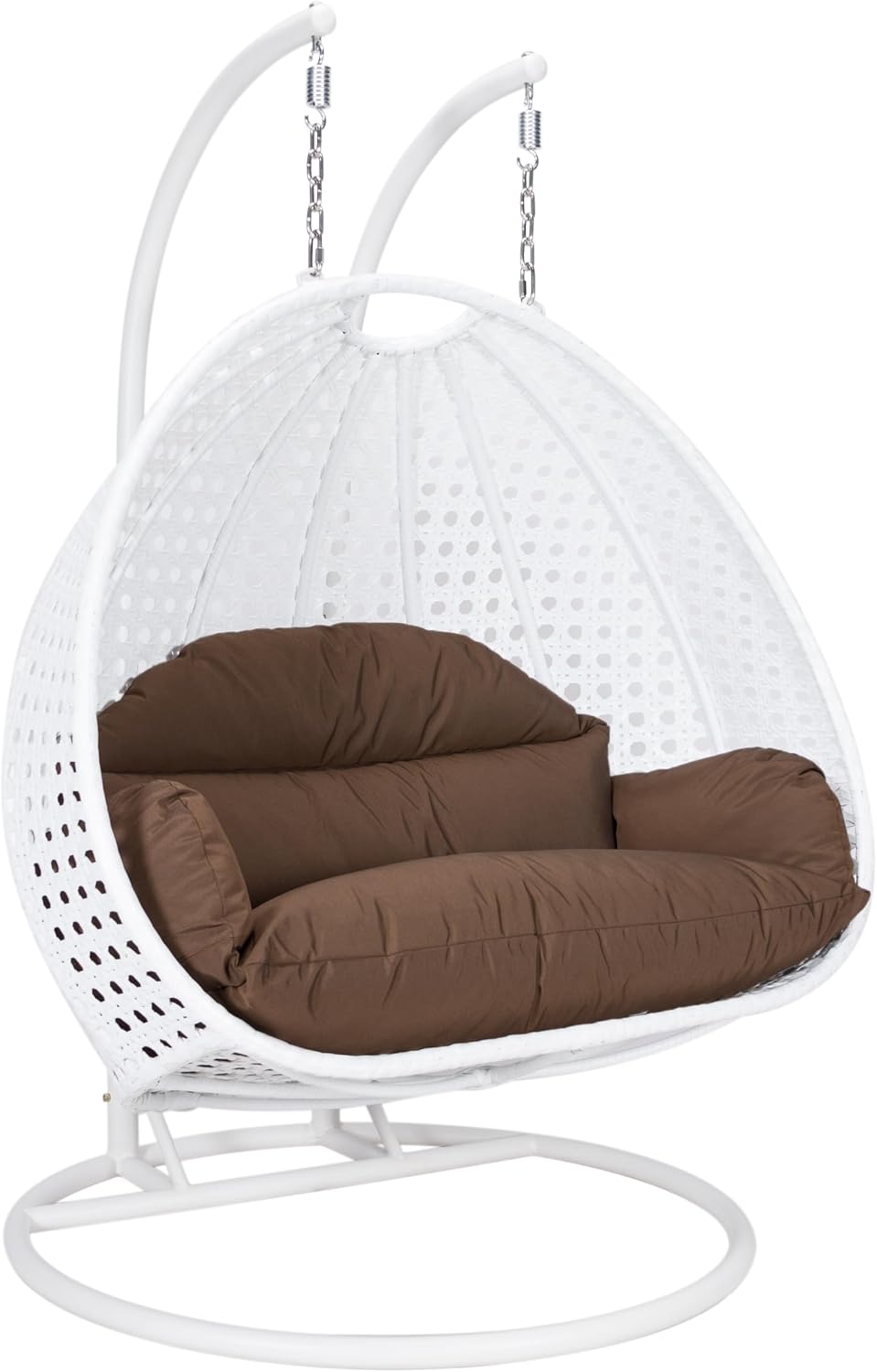 LeisureMod 2 Person Hanging Egg Chair, Indoor Outdoor Patio Lounge Swing with White Stand & UV-Resistant Cushions, Hammock Chair for Bedroom & Garden, Brown