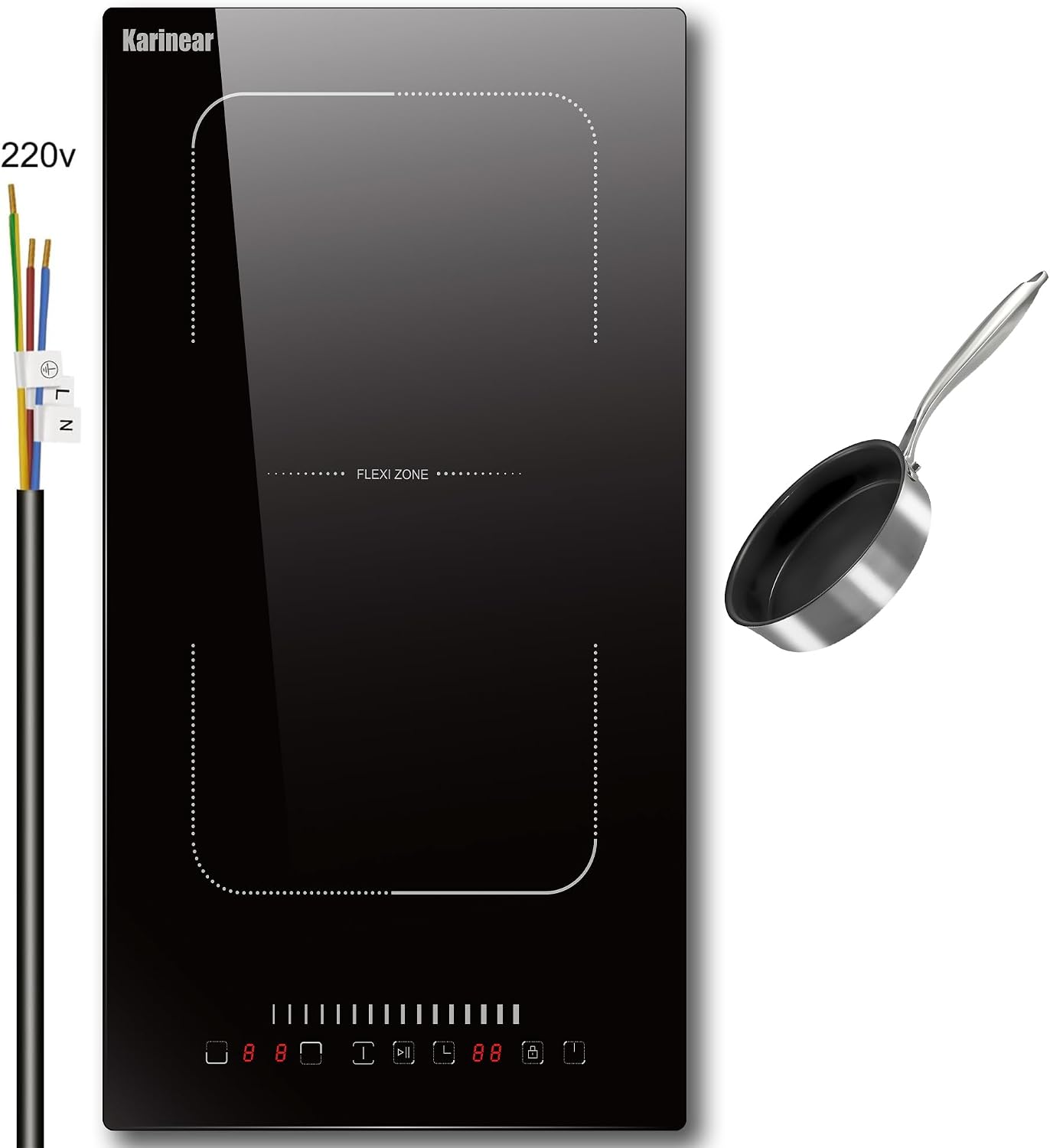 Karinear 12 Inch Induction Cooktop 2 Burners, Built-in Induction Stovetop with Flex Zone,Child Safety Lock, Timer, Pause, Slider Control Black Glass Electric Cooktop 220V 3500W(come with a pot)