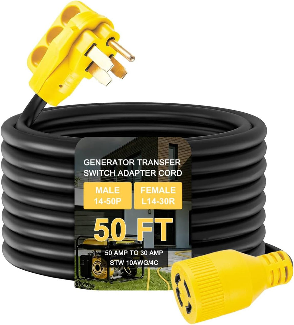 50 FT NEMA 14-50P to L14-30R Generator Transfer Switch Adapter Cord, 240V/120V 50 Amp Male to 30 Amp Female Twist Lock 4 Prong Generator Adapter Cord, STW 10 AWG Heavy Duty ETL Listed
