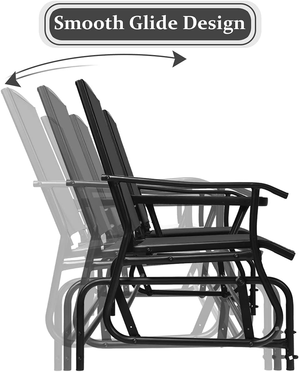 Giantex Patio Bench Glider Chair with Metal Frame, Center Tempered Glass Table, Outside Double Rocking Swing Loveseat for Porch, Garden, Poolside, Balcony, Lawn Rocker Outdoor Glider Bench(Black)