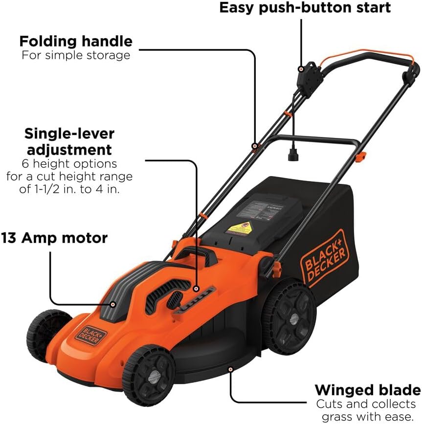 BLACK+DECKER Electric Push Lawn Mower, Corded, 13 Amp, 20-Inch Cutting Deck, 6 Setting Height Adjustment, Compact Storage, Collection Bag (BEMW213)