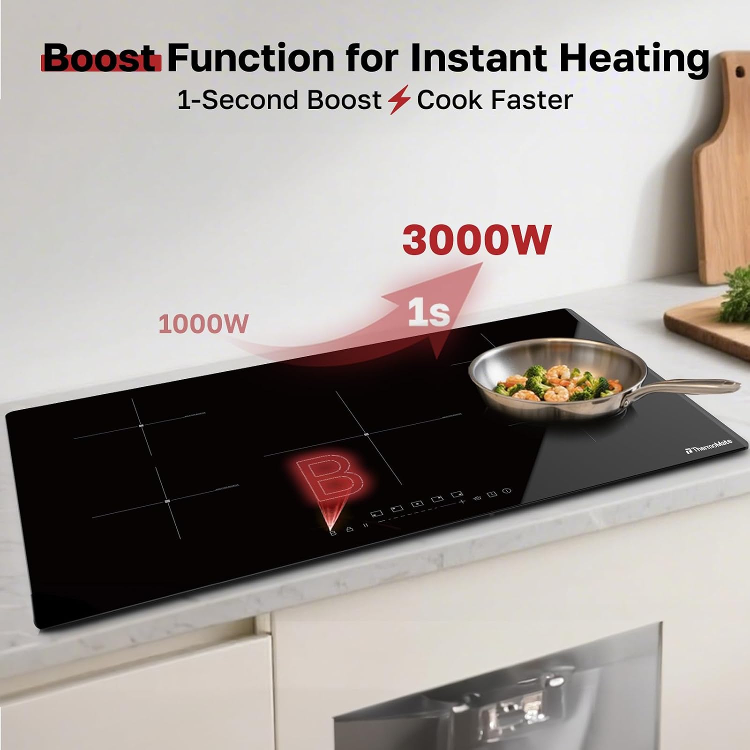 ThermoMate 36 Inch Induction Hob Electric Cooktop, 9800W Built in Induction Stove Top with 5 Boost Burners, 9 Heating Levels, Timer & Child Safety Lock, Sensor Touch Control, 240V