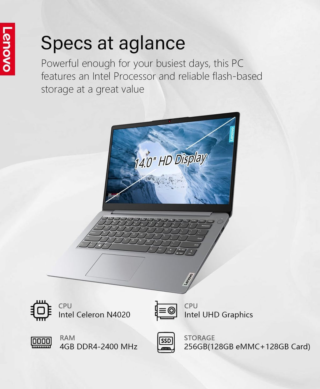 Lenovo IdeaPad 1 14 Laptop, 14.0' HD(1366 x 768) Screen, Intel Celeron N4020, 4GB RAM, 256GB Storage(128GB eMMC+128GB Card), Intel UHD Graphics 600, Win 11, Cloud Grey, W/GaLiMu