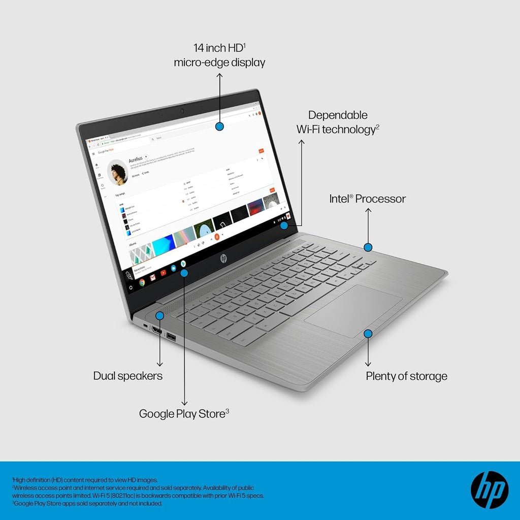 HP Chromebook 14 Laptop (14' Anti-glare, Intel 4-Core Celeron N4120, 4GB RAM, 128GB Storage (64GB+64GB SD)) for Home & Student, Lightweight, 14-Hr Battery Life, Webcam, Wi-Fi, IST HUB, Chrome OS, Grey