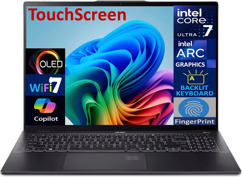 acer Swift 16 AI Laptop Copilot + PC 16.0' Touch OLED 2.8K Display (Intel Ultra 7-256V (Beats i9-14900k), 16GB LPDDR5X, 8TB SSD, Backlit KB, Fingerprint, 2 TB 4, Win 11 Pro) w/DKZ USB Port Expander
