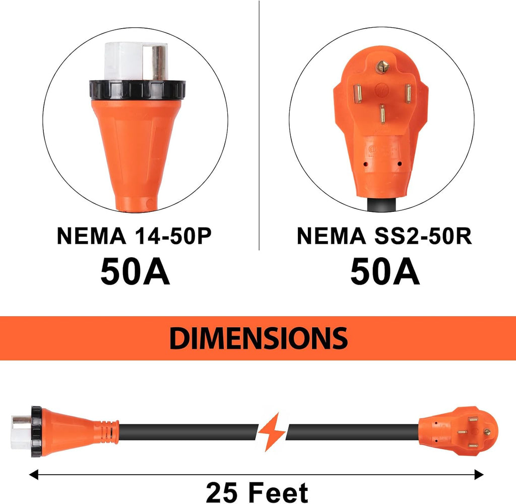 WELLUCK 50 Amp 25FT RV Power Extension Cord with Cord Organizer, Heavy Duty NEMA 14-50P to SS 2-50R RV Twist Locking Adapter Plug for RV Camper and Generator to House,RV Gauge, ETL Listed