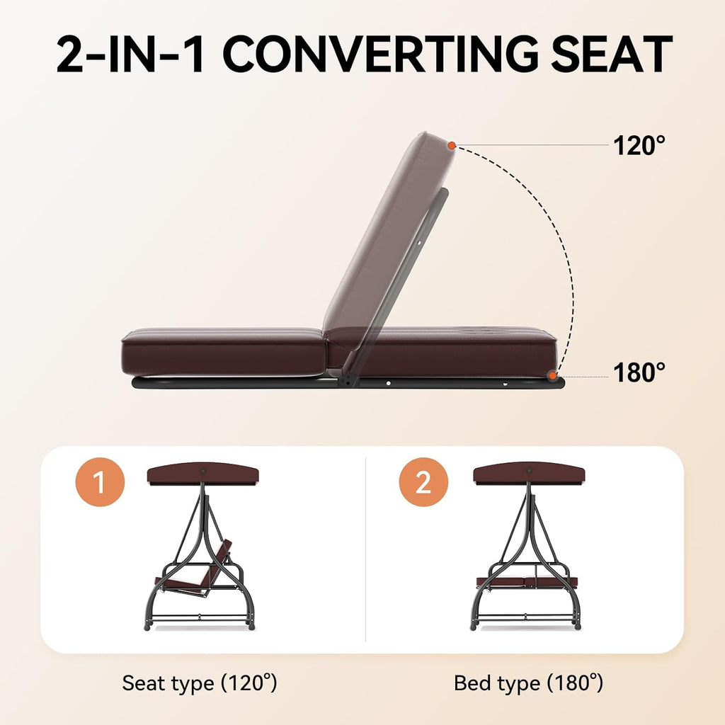 3-Seat Outdoor Patio Swing Glider - Heavy Duty Steel Frame with Adjustable Canopy & Removable Cushions - All Weather Porch Swings Chair for Backyard, Garden, Poolside - Brown