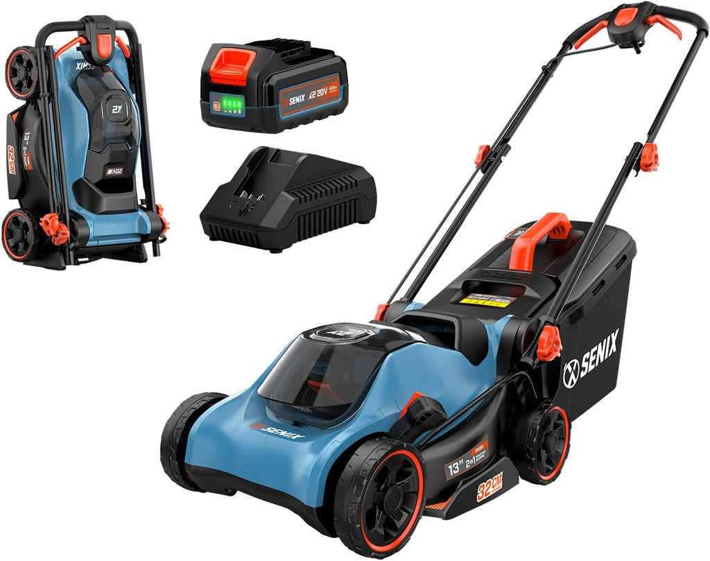SENIX 20V 13' Cordless Lawn Mower, 2-in-1 Electric Push Mower 4.0Ah Battery & Charger, Bagging, Mulching, 5 Position Height Adjustment, for Garden Yard