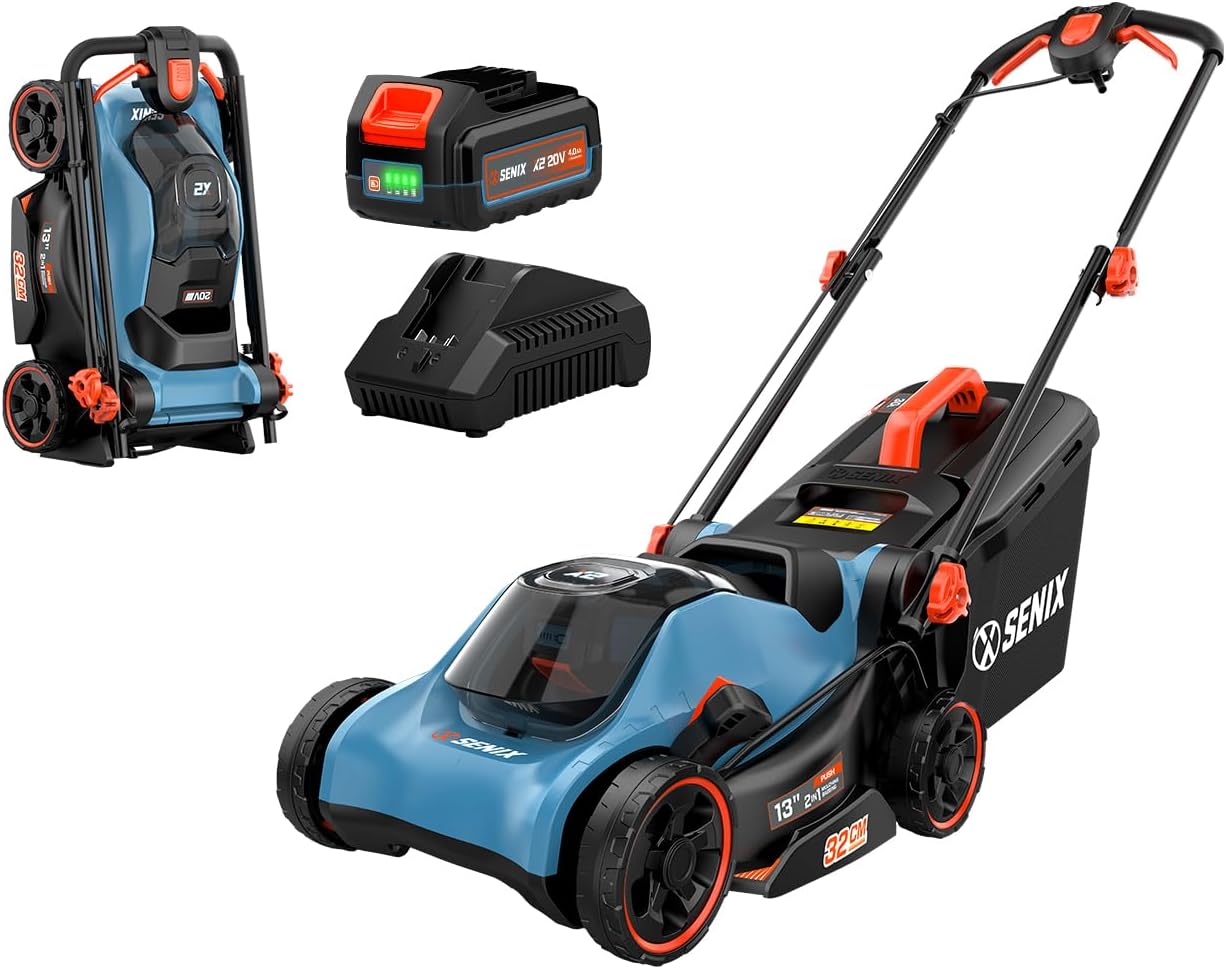 SENIX 20V 13' Cordless Lawn Mower, 2-in-1 Electric Push Mower 4.0Ah Battery & Charger, Bagging, Mulching, 5 Position Height Adjustment, for Garden Yard