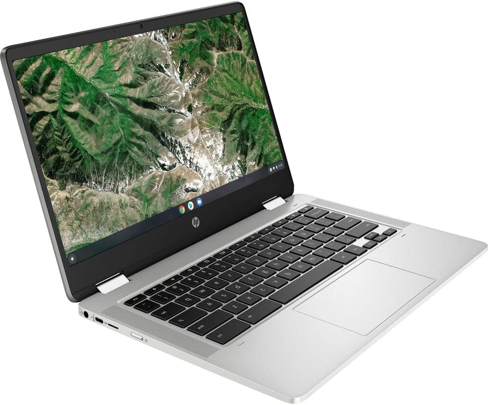 Laptop HP X360 14a Chromebook 14in HD Touchscreen Intel Celeron 4GB DDR4 64GB eMMC WiFi Webcam Stereo Speakers Bluetooth 4.2 Chrome Silver Color (Renewed)