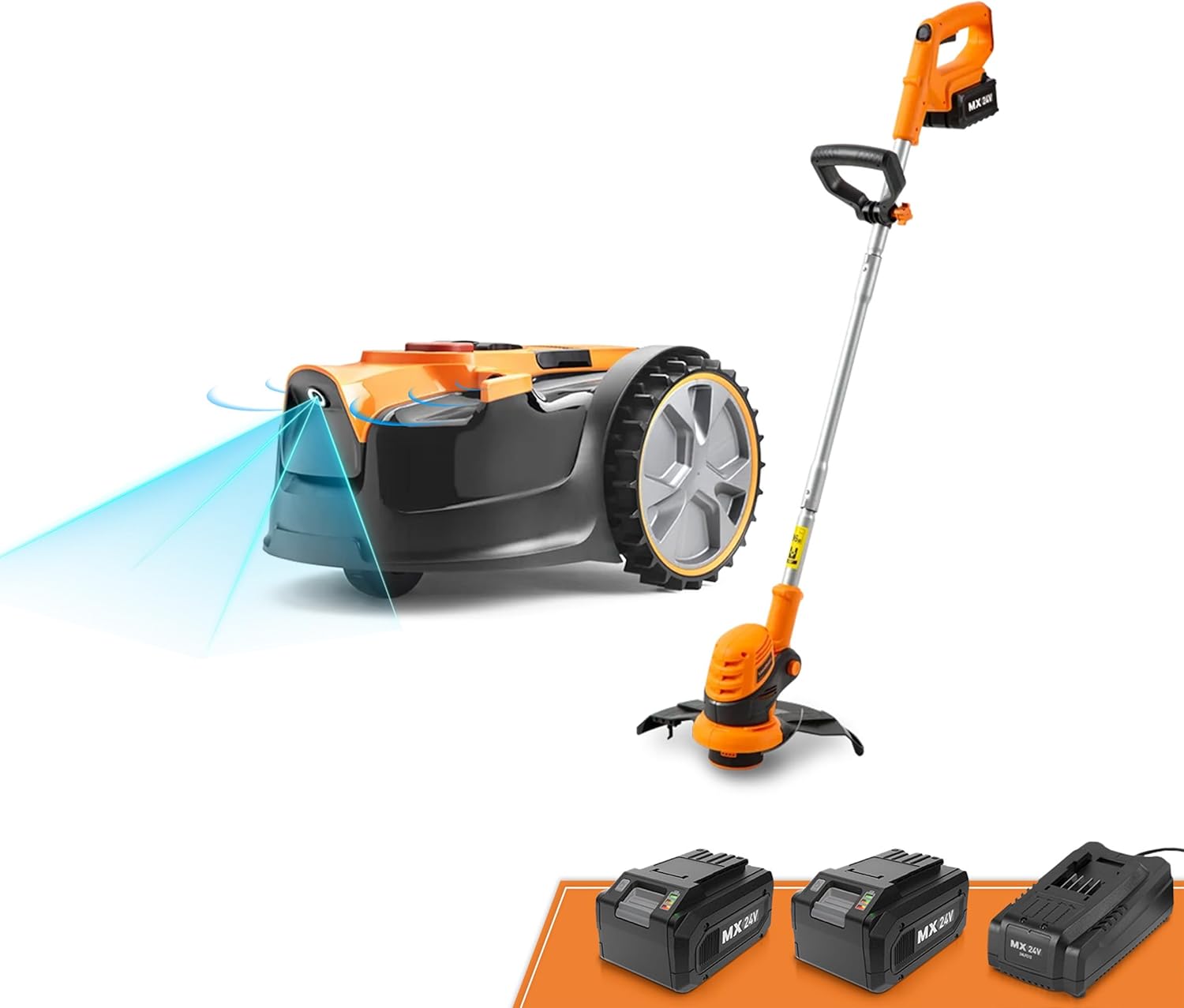 LawnMaster OcuMow Robot Lawn Mower with Cordless 24V MAX 10' Grass Trimmer Combo Kit Perimeter Wire Free for Small Yards 2000-4000 Square Feet Optical Navigation Automatic Obstacle Avoidance Spot Cut