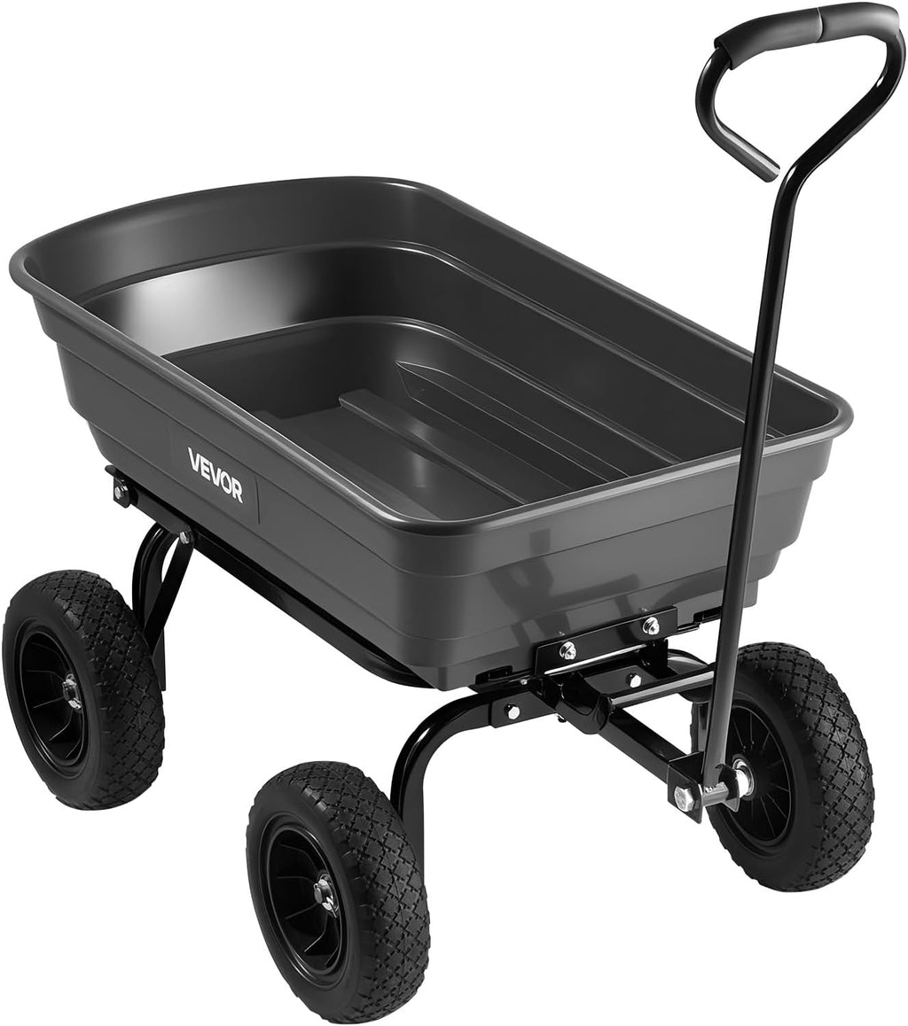 VEVOR 4 Cu.Ft 600LBS Poly Garden Cart Dump Wagon, 4 Wheel Heavy Duty Wheelbarrow with 10' Flat Free Tires, Yard Cart Dump Wagon with Quick-Release System