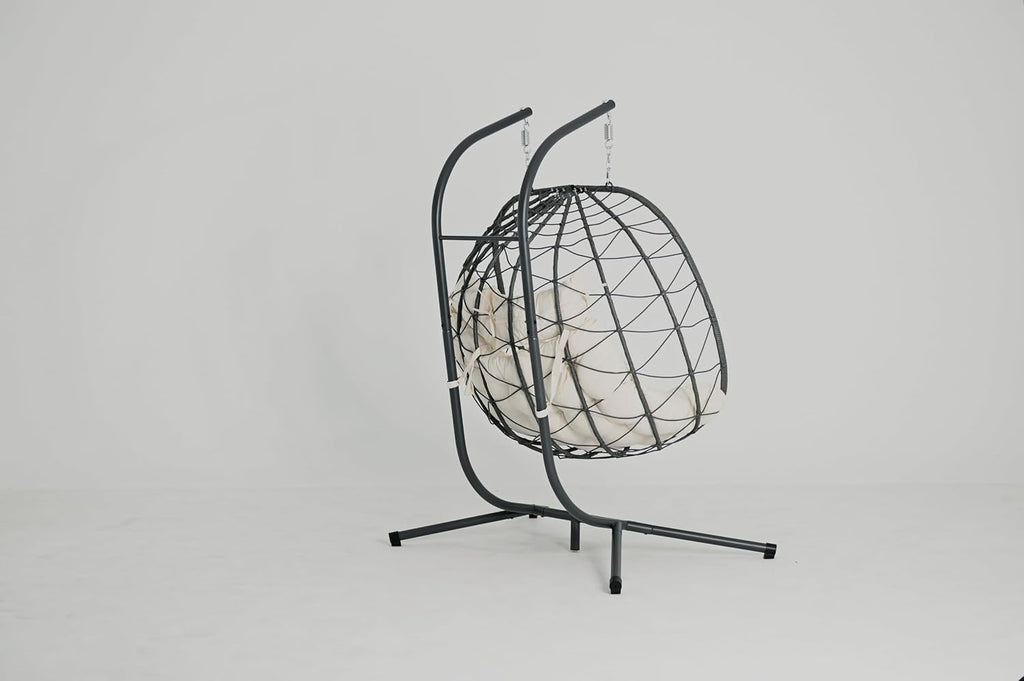 2 - Person Hanging Egg Chair with Stand, Steel Frame, for Outdoor & Indoor Use Double Wicker Egg Chair for Patio, Garden, or Balcony, Beige Cushion