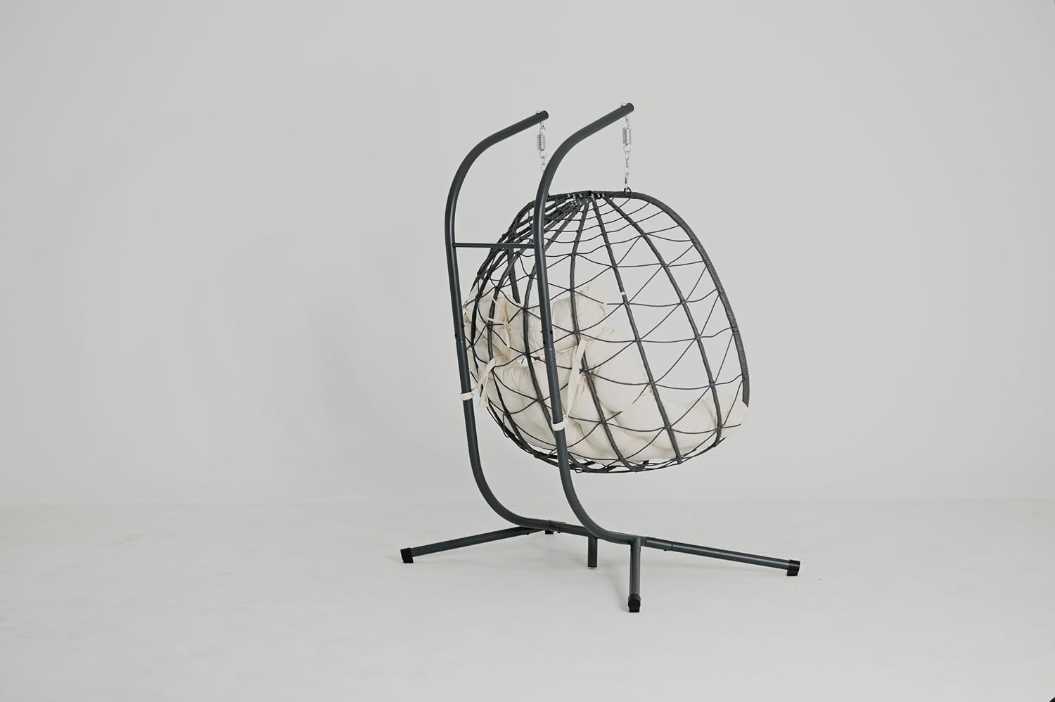 2 - Person Hanging Egg Chair with Stand, Steel Frame, for Outdoor & Indoor Use Double Wicker Egg Chair for Patio, Garden, or Balcony, Beige Cushion