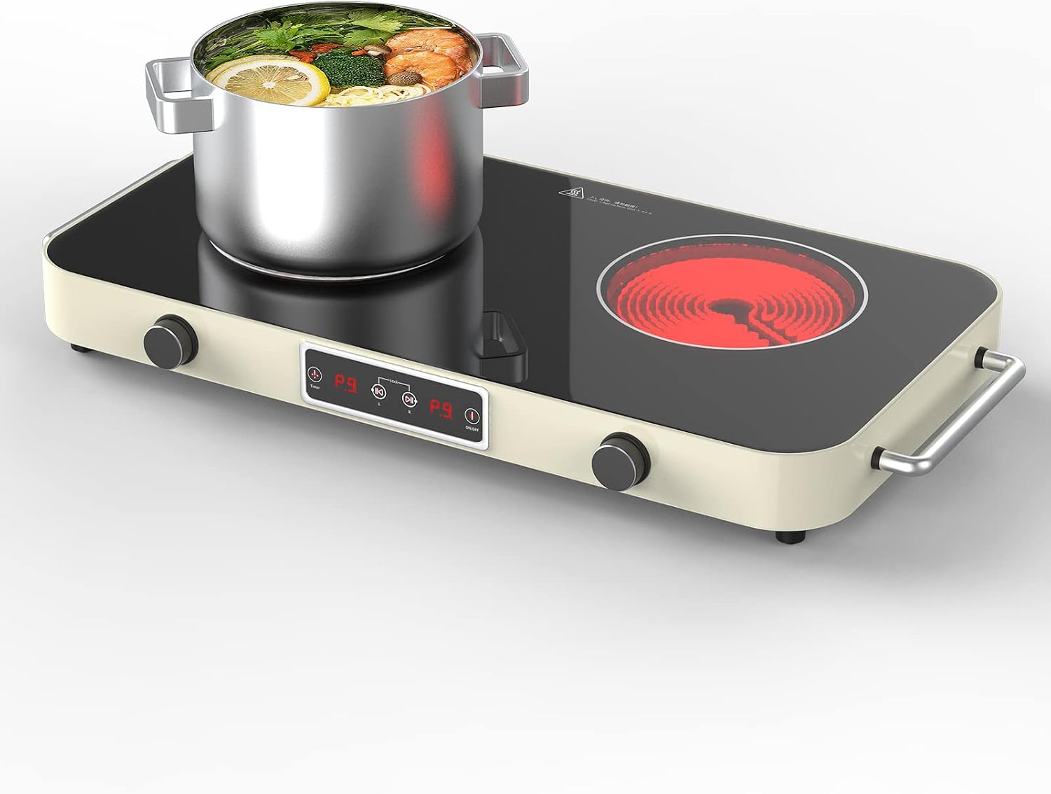 ANHANE 2200W Double Electric Cooktop: 12 Inch Portable Ceramic Infrared Hot Plate with 9 Power Levels & Timer - 110V/120V Countertop Burner with Reliable Knob Control, Works with All Cookware