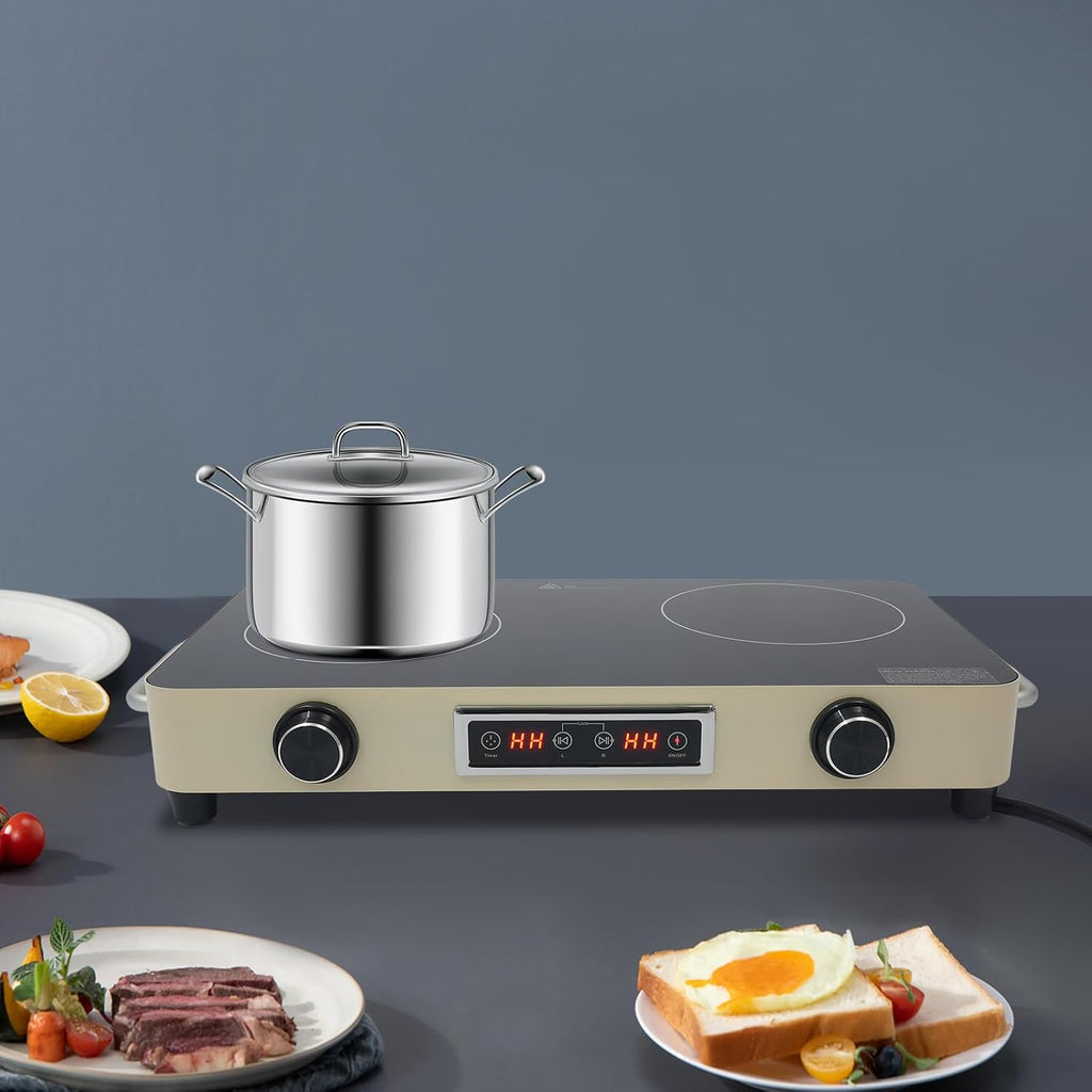 Double-Burner Electric Cooktop, Portable Double Induction Cook-top, 1100w Countertop Double Burner Ceramic Cooktop with 99min Timing Function, Child-Lock, Overheat Protection (Cream Yellow)