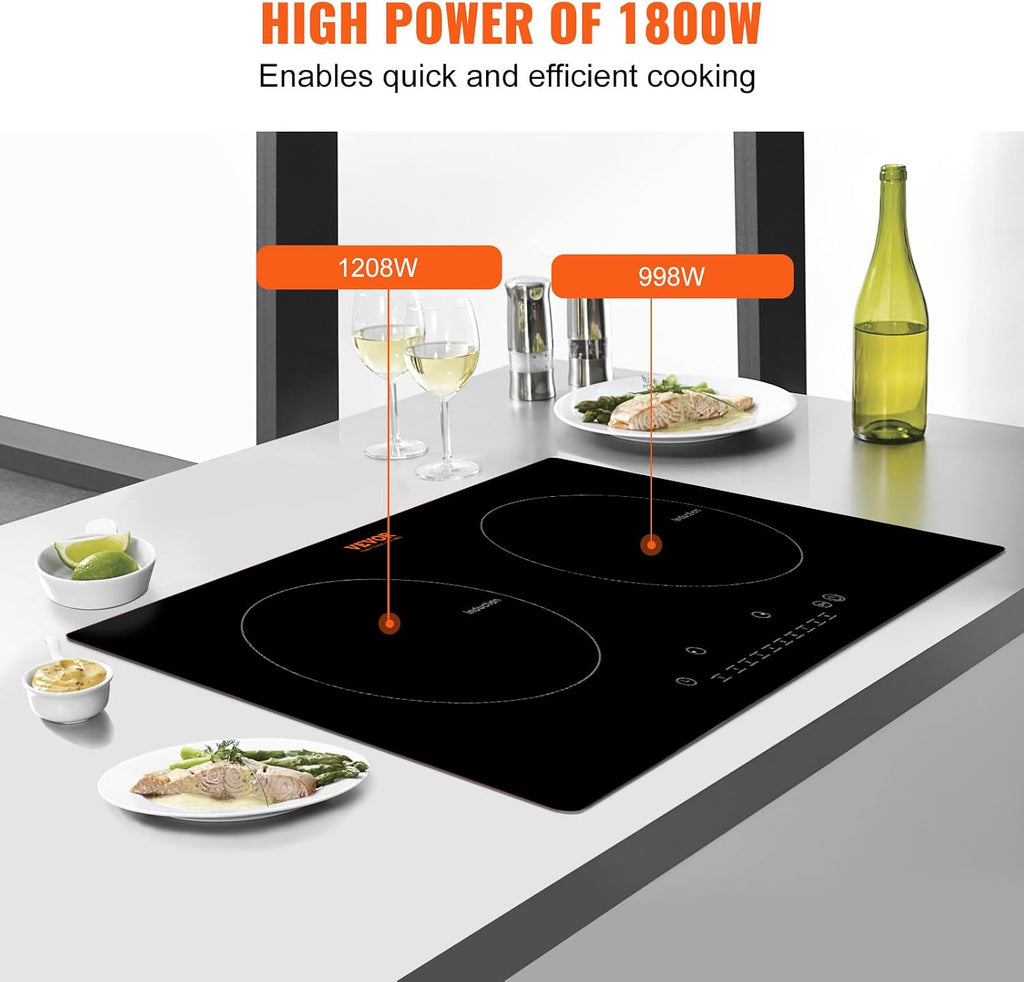 VEVOR Electric Cooktop, 2 Burners, 24'' Induction Stove Top, Built-in Magnetic Cooktop 1800W, 9 Heating Level Multifunctional Burner, LED Touch Screen w/Child Lock & Over-Temperature Protection