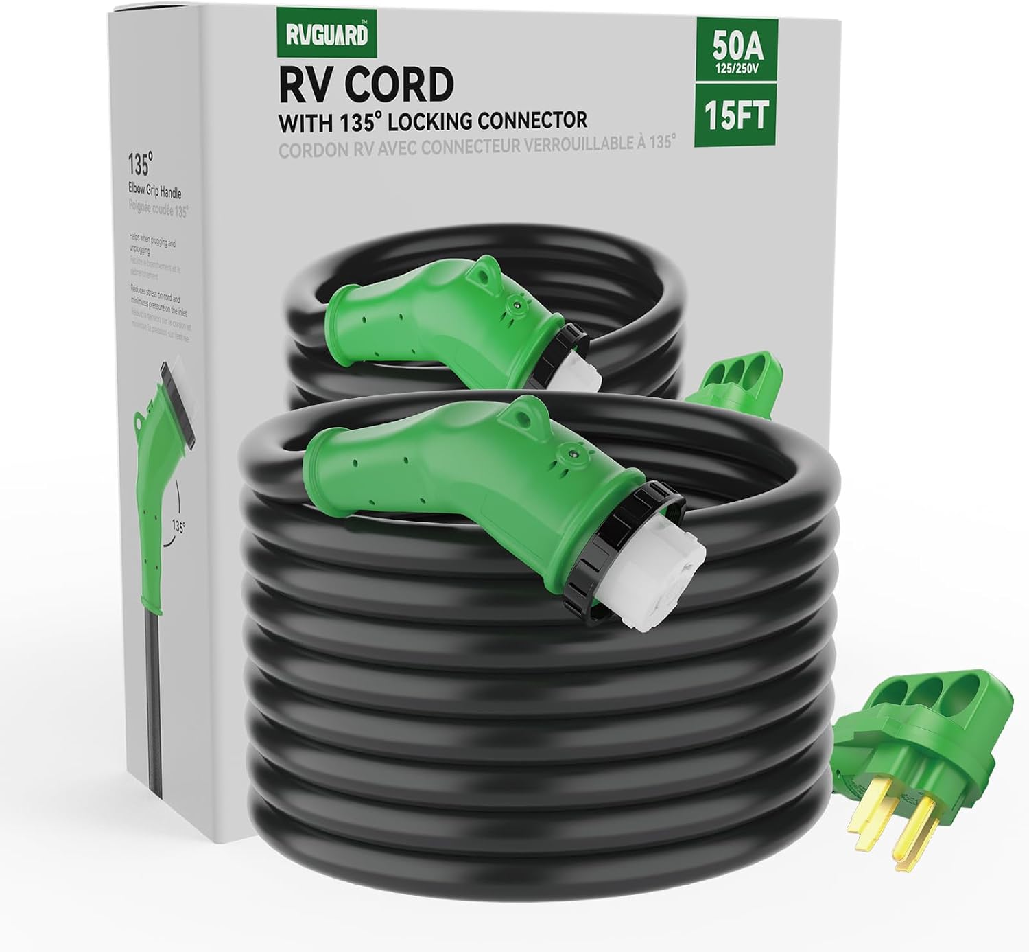RVGUARD 50 Amp 50 Foot RV Power Cord with 135 Degree, 14-50P to SS2-50R Generator Extension Cord, Heavy Duty STW Cord with LED Power Indicator, Green, ETL Listed