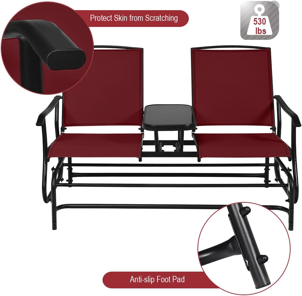 Giantex Outdoor Glider, Rocking Chair with Metal Frame, Center Tempered Glass Table, 2-Person Loveseat, Patio Glider Bench, Outside Swing Chair for Garden Yard Lawn Porch Patio Rocker (Burgundy)