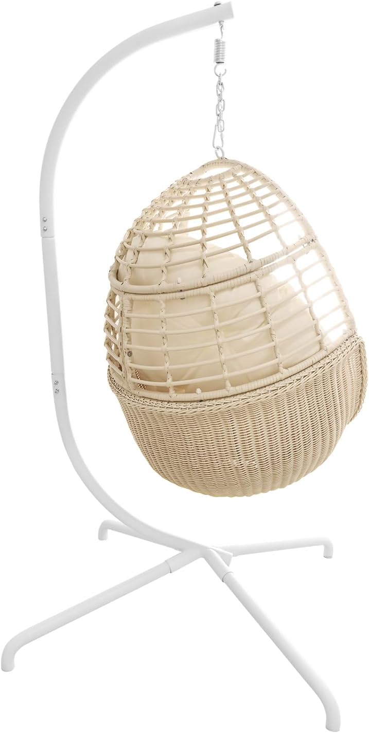 Hanging Egg Chair Swing Chair with Stand Wicker Rattan Chair for Indoor Outdoor Patio Bedroom Hammock Chair with Steel Frame and Cushion Beige